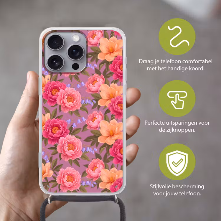 Telefoonhoesje met koord - Bloemen - Patroon - Illustratie - Roze — 4
