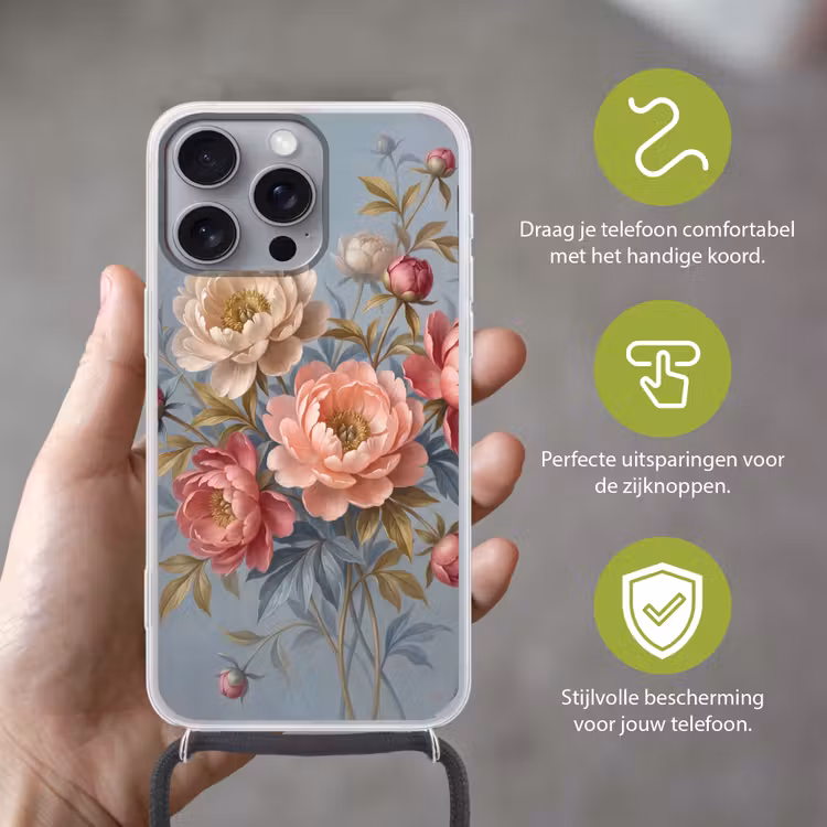 Telefoonhoesje met koord - Bloemen - Roze - Beige - Modern - Natuur — 4