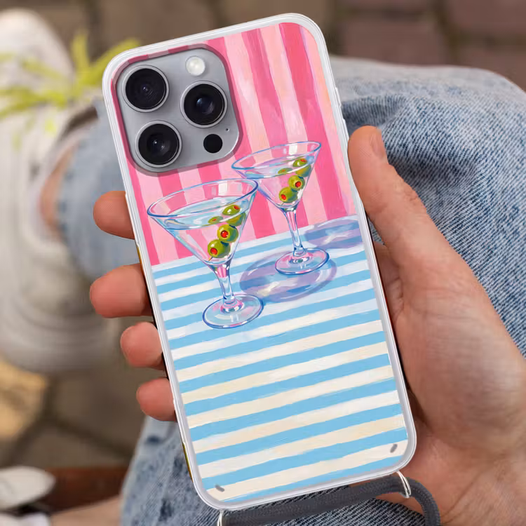 Telefoonhoesje met koord - Cocktail - Olijven - Kunst - Modern - Roze — 2