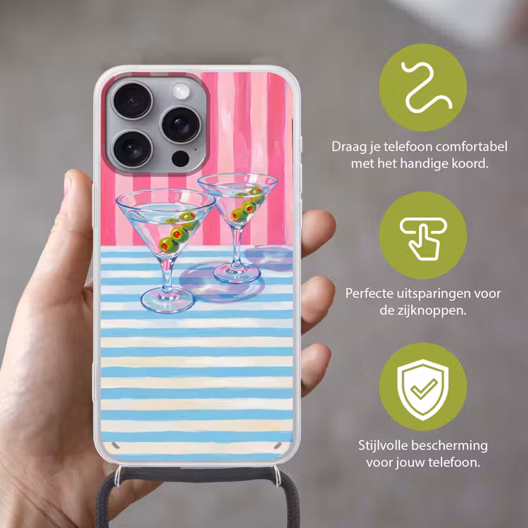 Telefoonhoesje met koord - Cocktail - Olijven - Kunst - Modern - Roze — 4