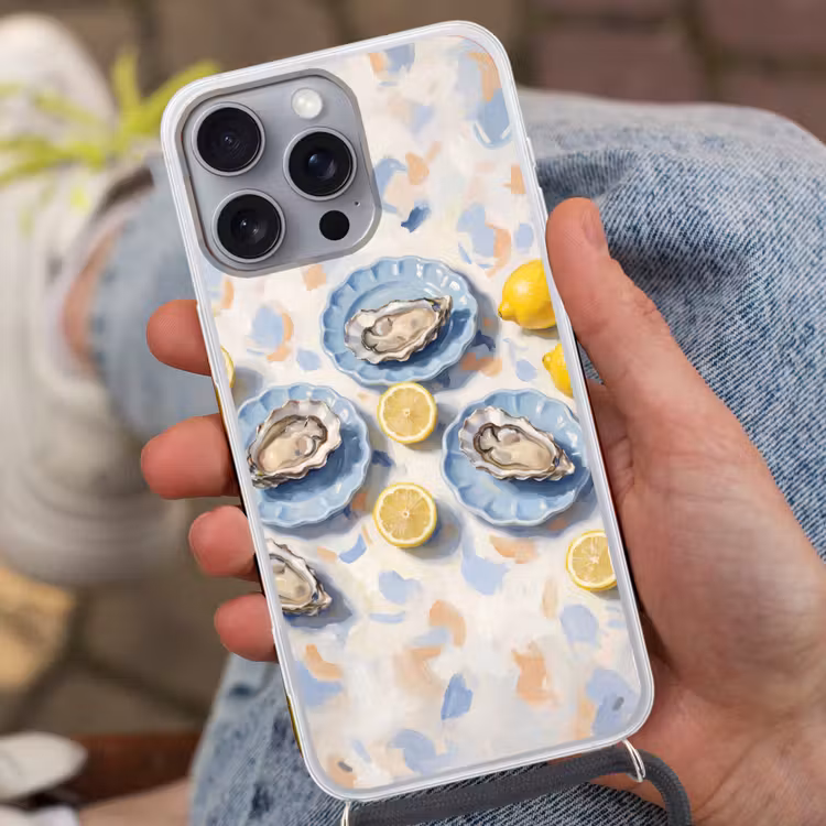 Telefoonhoesje met koord - Eten - Oesters - Citroenen - Modern - Geel — 2