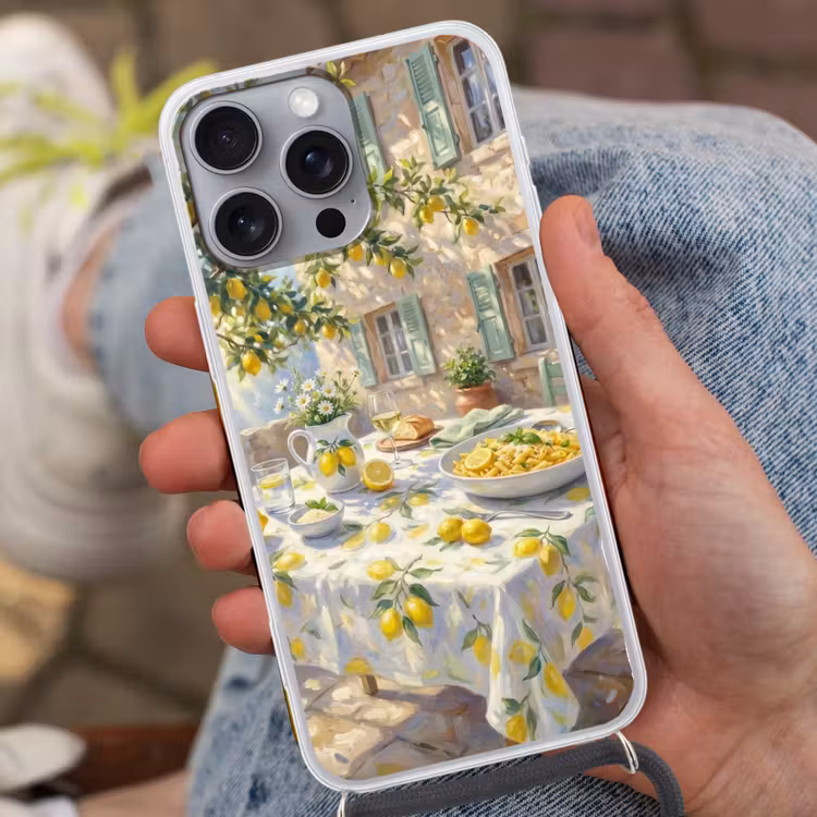 Telefoonhoesje met koord - Eten - Terras - Zomer - Geschilderd - Geel — 2