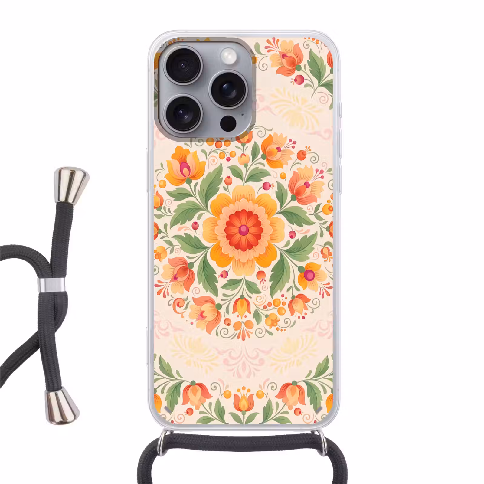 Telefoonhoesje met koord - Bloemen - Patroon - Decoratief - Oranje — 1