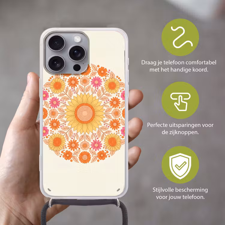 Telefoonhoesje met koord - Bloemen - Mandala - Patroon - Kleurrijk — 4