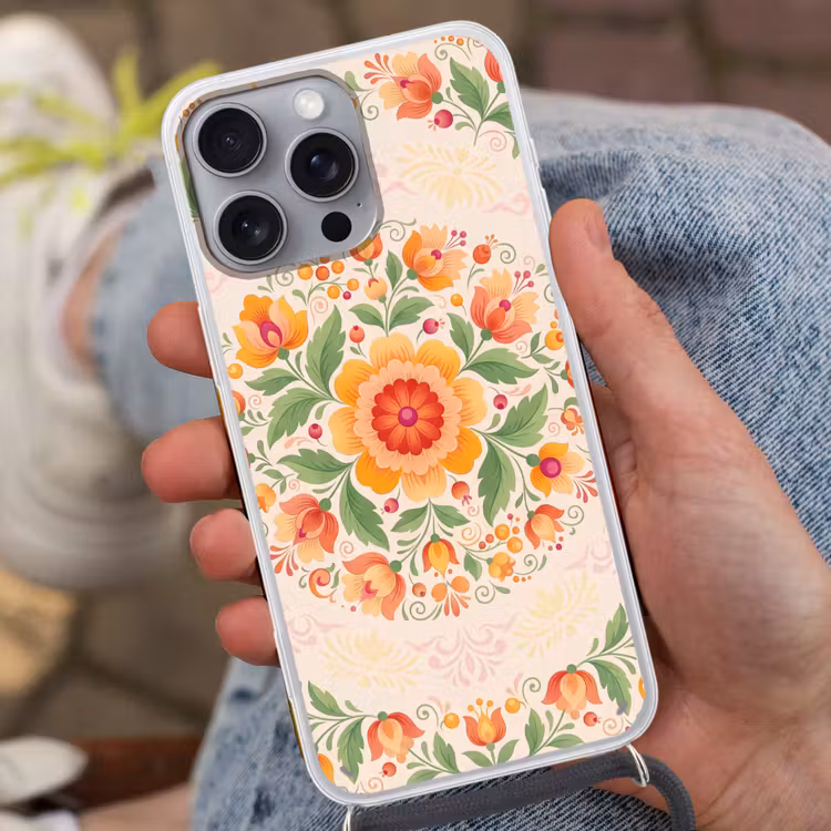 Telefoonhoesje met koord - Bloemen - Patroon - Decoratief - Oranje — 2