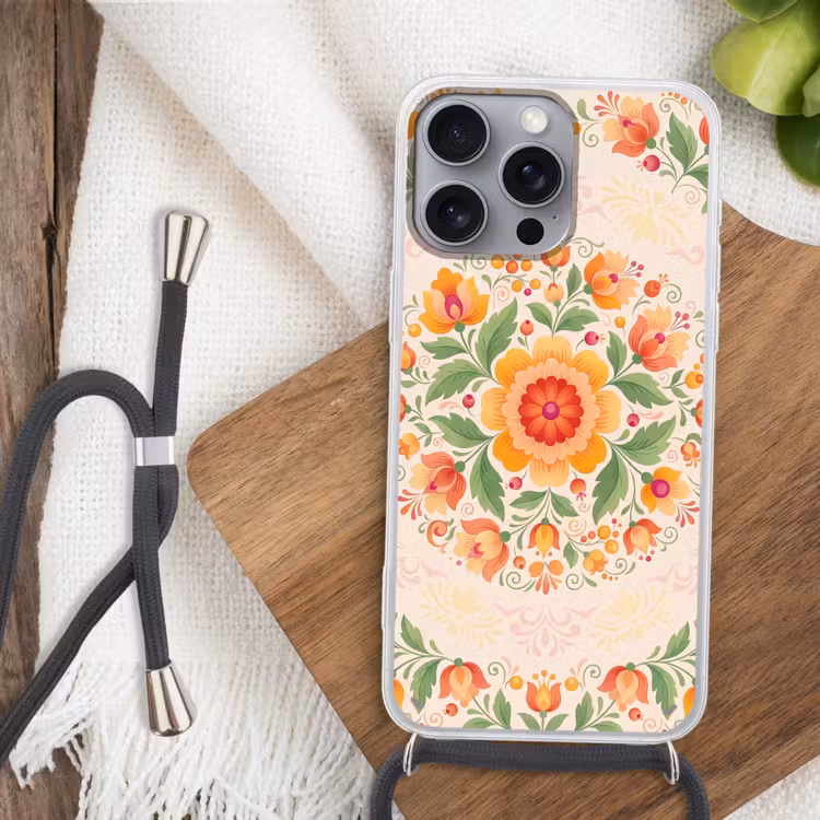 Telefoonhoesje met koord - Bloemen - Patroon - Decoratief - Oranje — 3
