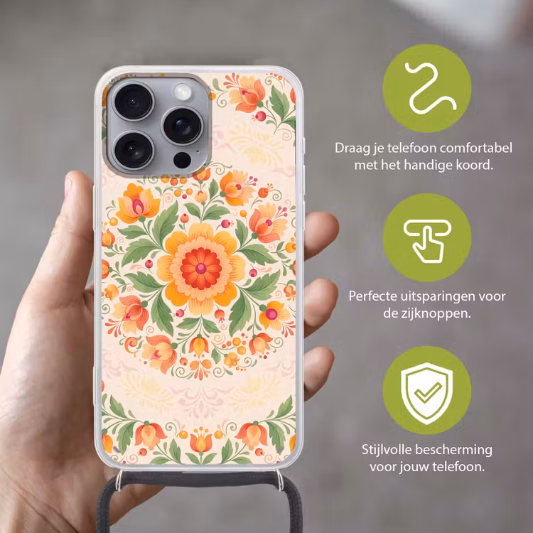 Telefoonhoesje met koord - Bloemen - Patroon - Decoratief - Oranje — 4