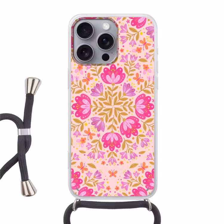 Telefoonhoesje met koord - Bloemen - Patroon - Natuur - Abstract - Roze — 1
