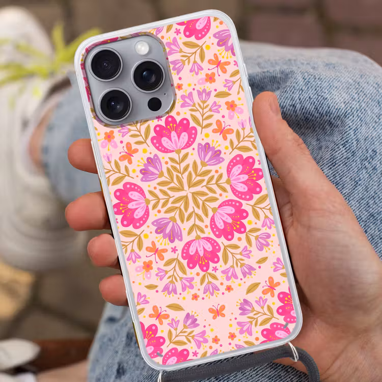 Telefoonhoesje met koord - Bloemen - Patroon - Natuur - Abstract - Roze — 2