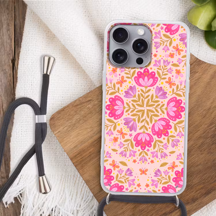 Telefoonhoesje met koord - Bloemen - Patroon - Natuur - Abstract - Roze — 3