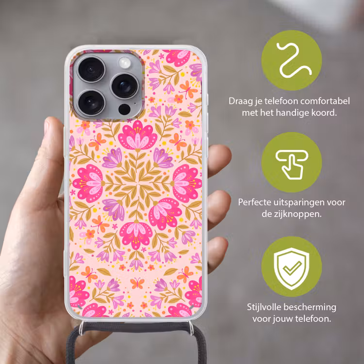 Telefoonhoesje met koord - Bloemen - Patroon - Natuur - Abstract - Roze — 4