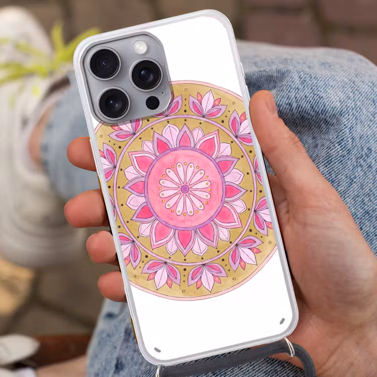 Telefoonhoesje met koord - Mandala - Patroon - Kunst - Aquarel - Roze — 2