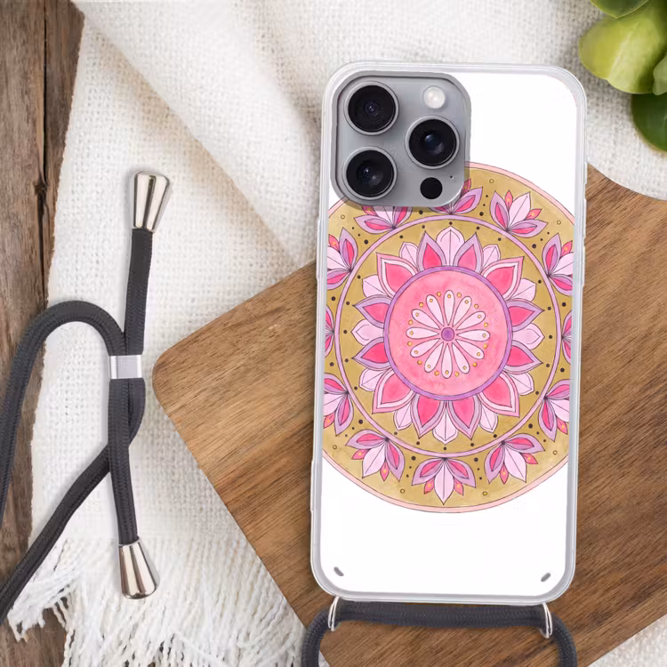 Telefoonhoesje met koord - Mandala - Patroon - Kunst - Aquarel - Roze — 3