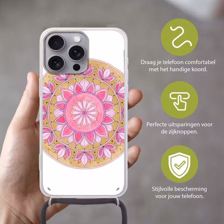 Telefoonhoesje met koord - Mandala - Patroon - Kunst - Aquarel - Roze — 4