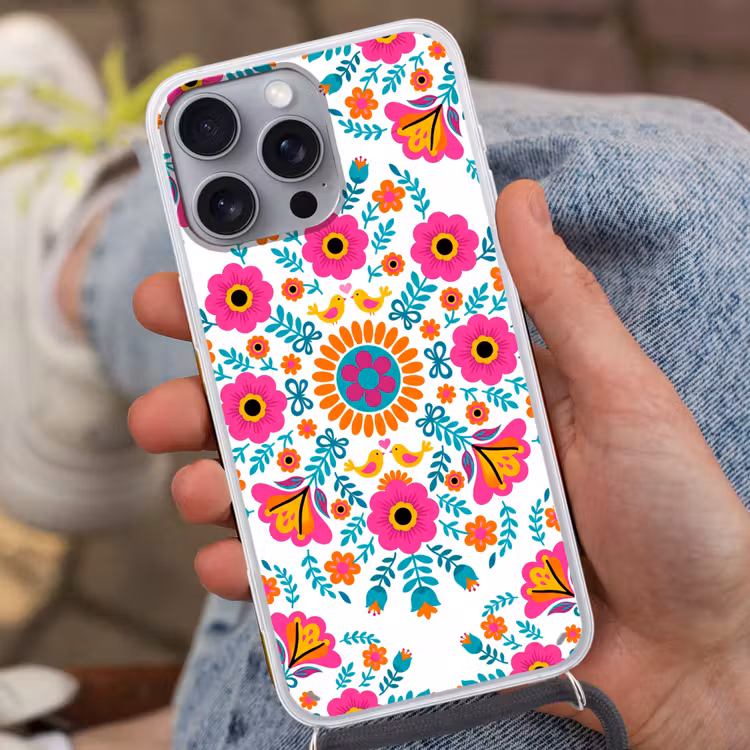 Telefoonhoesje met koord - Bloemen - Vogel - Patroon - Kleurrijk - Modern — 2