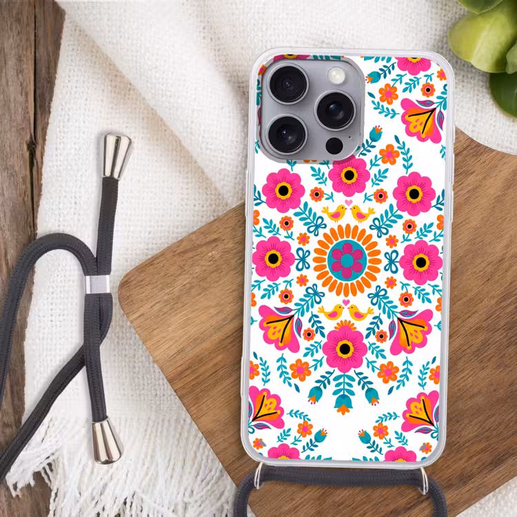 Telefoonhoesje met koord - Bloemen - Vogel - Patroon - Kleurrijk - Modern — 3