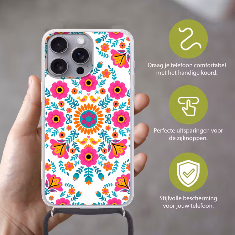 Telefoonhoesje met koord - Bloemen - Vogel - Patroon - Kleurrijk - Modern — 4