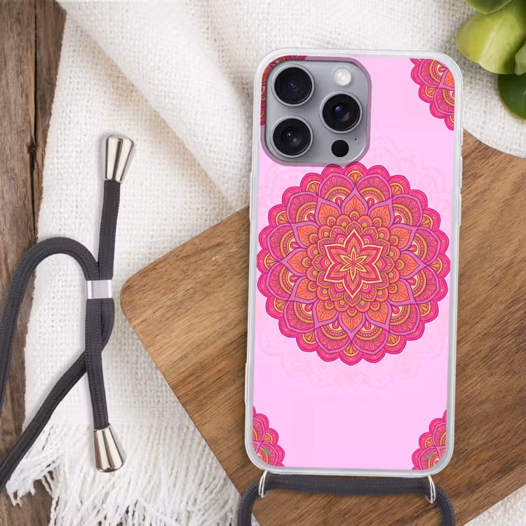 Telefoonhoesje met koord - Mandala - Cirkel - Spiritueel - Oosters - Roze — 3