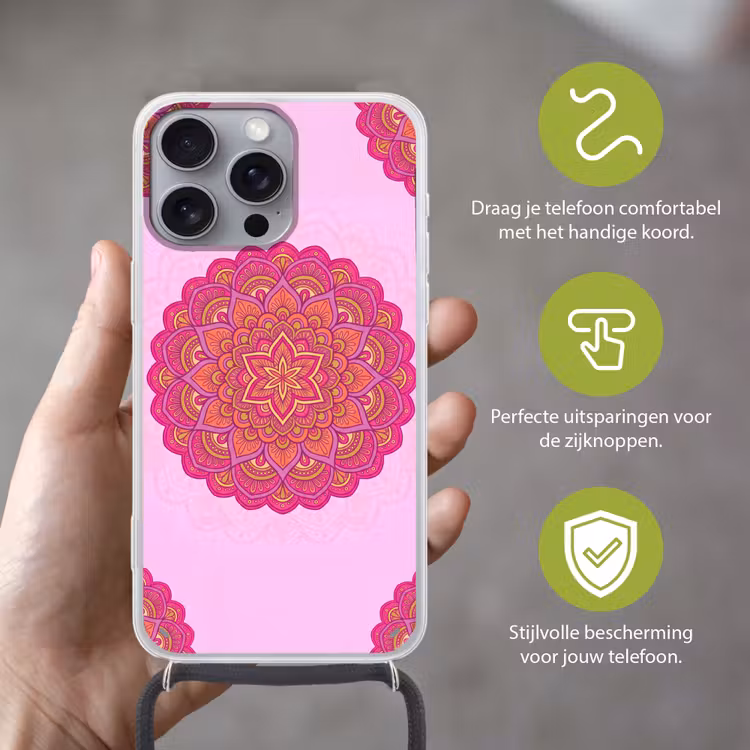 Telefoonhoesje met koord - Mandala - Cirkel - Spiritueel - Oosters - Roze — 4