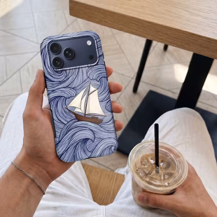 Telefoonhoesje Toughcase - Schip - Golven - Zee - Illustratie - Blauw — 4