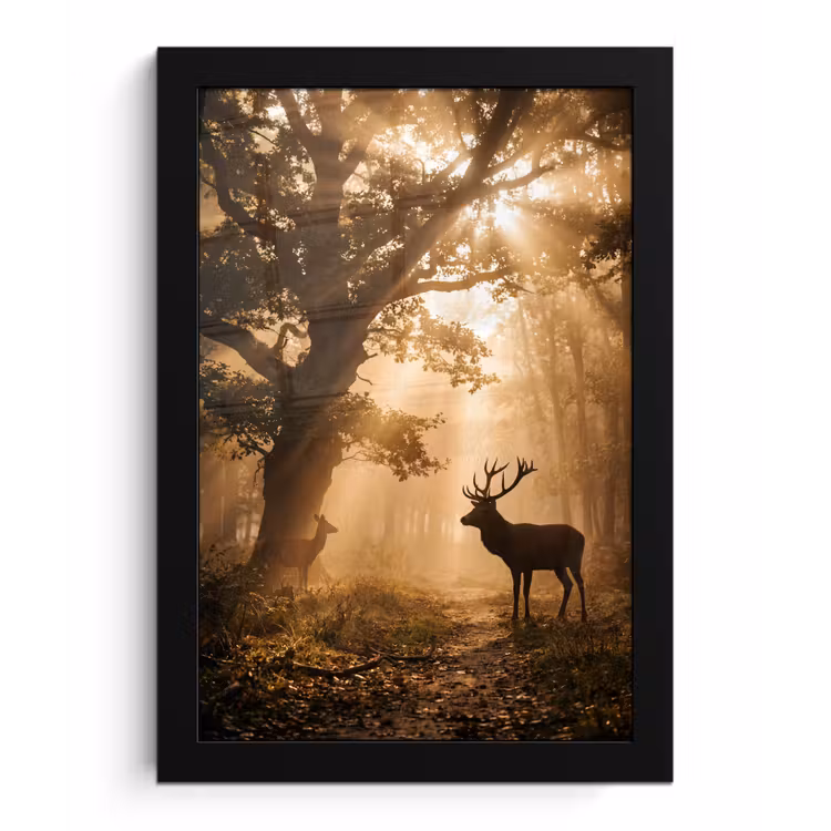 Poster met lijst - Hert - Bos - Mistig - Natuur - Goud