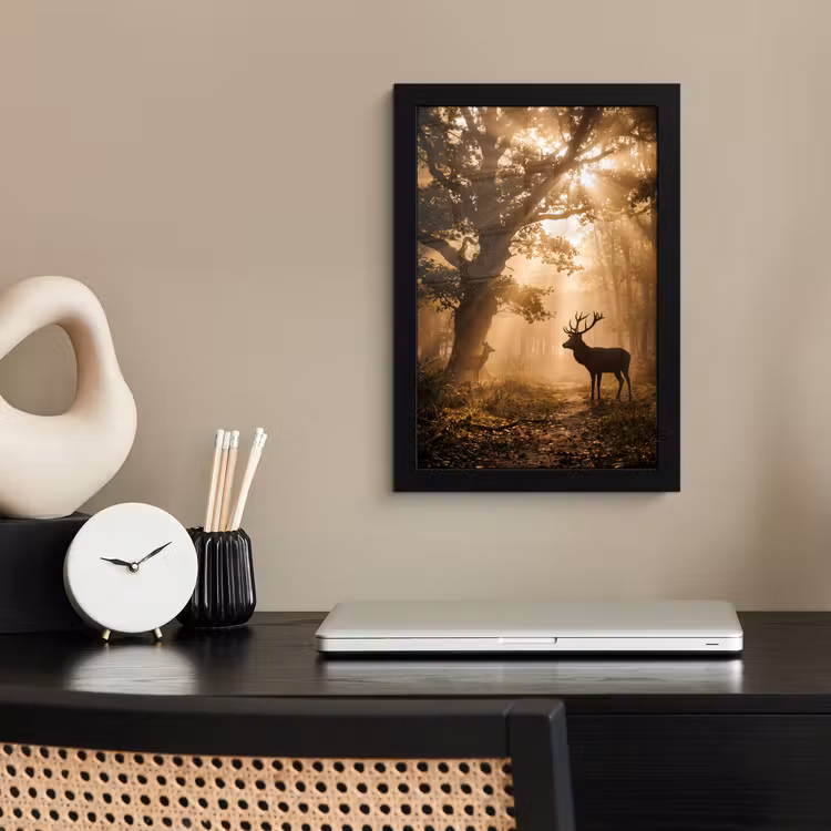 Poster met lijst - Hert - Bos - Mistig - Natuur - Goud — 2
