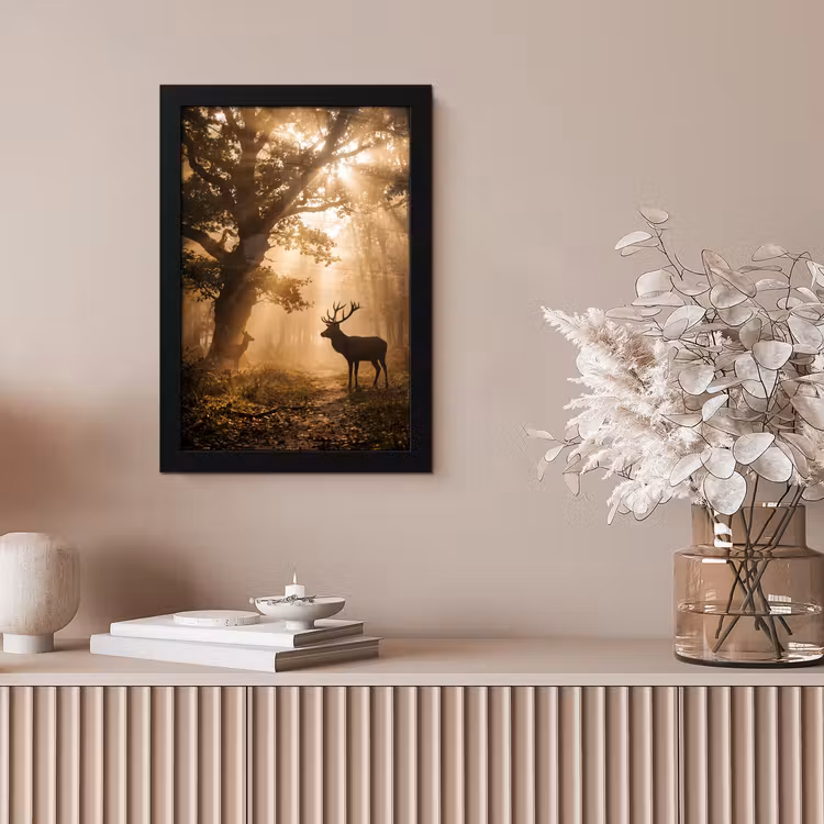 Poster met lijst - Hert - Bos - Mistig - Natuur - Goud — 5