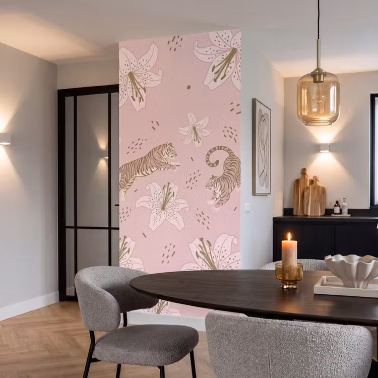 Behang - Kat - Springend - Bloemen - Abstract - Roze — 5