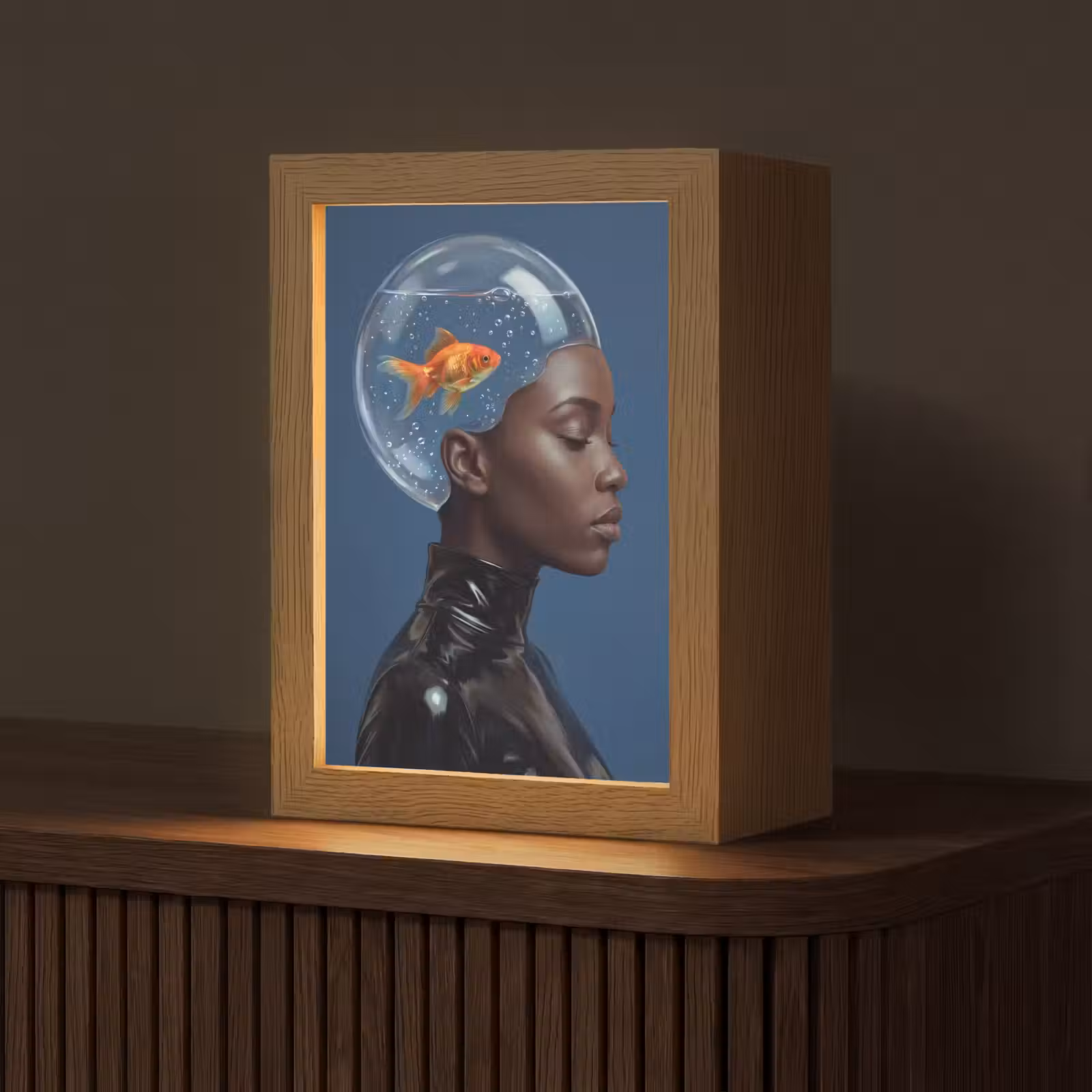 Gepersonaliseerde lightbox - Vrouw - Goudvis - Hoofd - Abstract - Blauw — 1