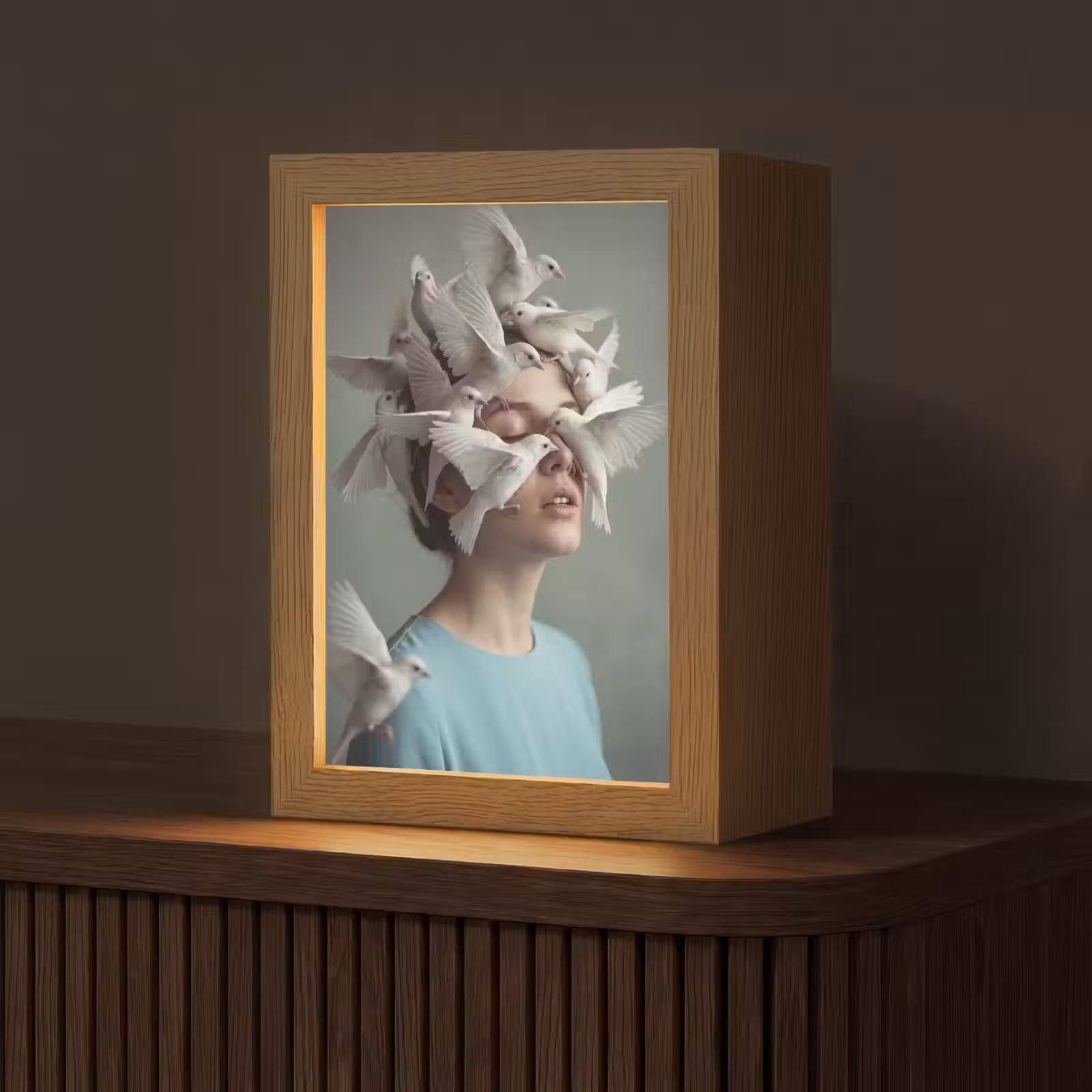 Gepersonaliseerde lightbox - Vrouw - Vogels - Abstract - Modern - Wit — 1