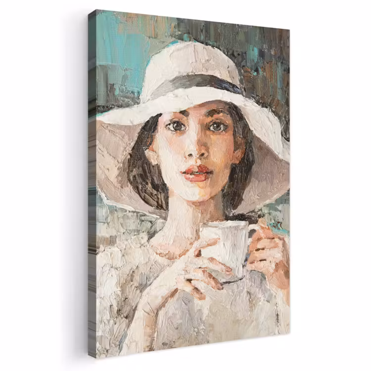 Canvas schilderij - Schilderij - Olieverf - Vrouw - Koffie - Hoed — 1
