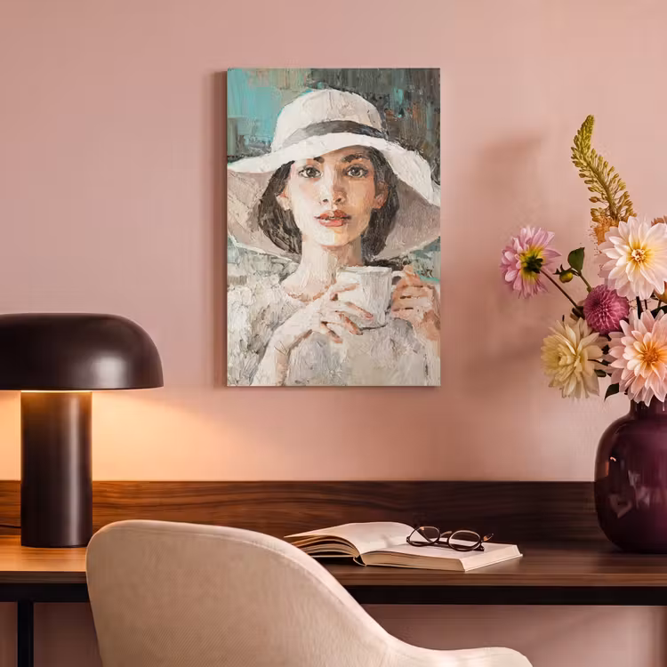 Canvas schilderij - Schilderij - Olieverf - Vrouw - Koffie - Hoed — 6