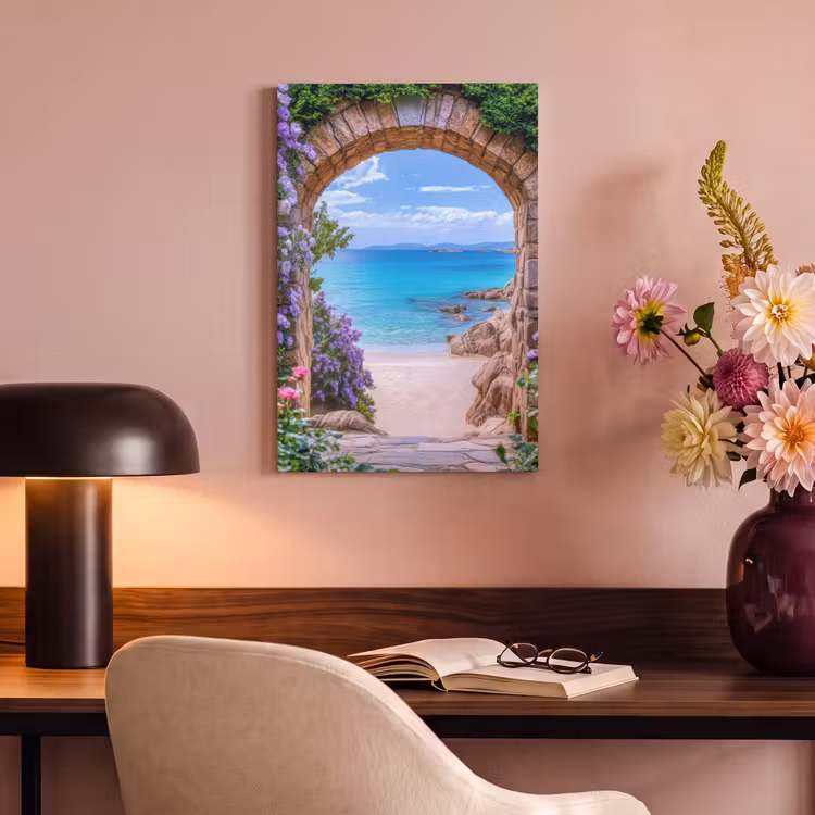 Canvas schilderij - Doorkijk - Poort - Zee - Strand - Rotsen — 6