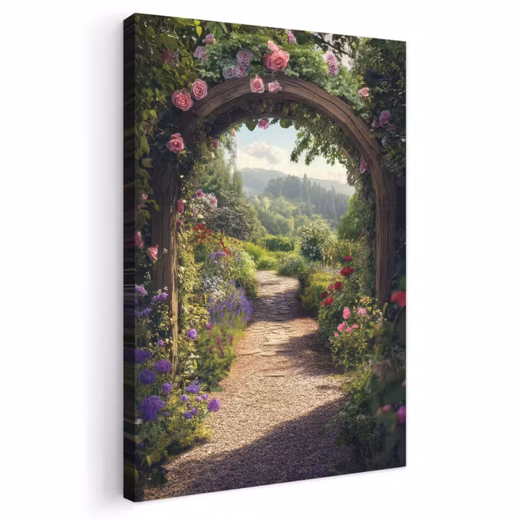 Canvas schilderij - Doorkijk - Landschap - Bloemen - Rozenboog - Natuur — 1