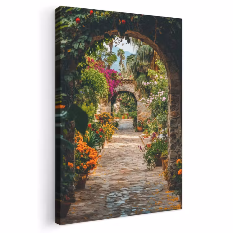 Canvas schilderij - Doorkijk - Bloemen - Poort - Stenen — 1