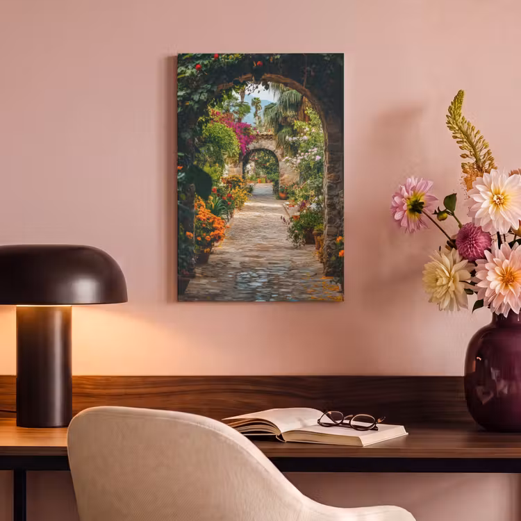 Canvas schilderij - Doorkijk - Bloemen - Poort - Stenen — 6