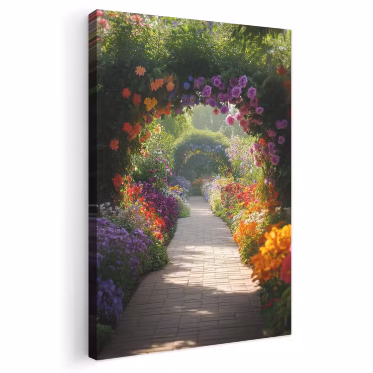 Canvas schilderij - Doorkijk - Pad - Bloemen - Struik - Kleurrijk — 1