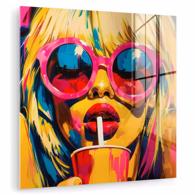 Glas schilderij - Zonnebril - Roze - Vrouw - Rietje — 1