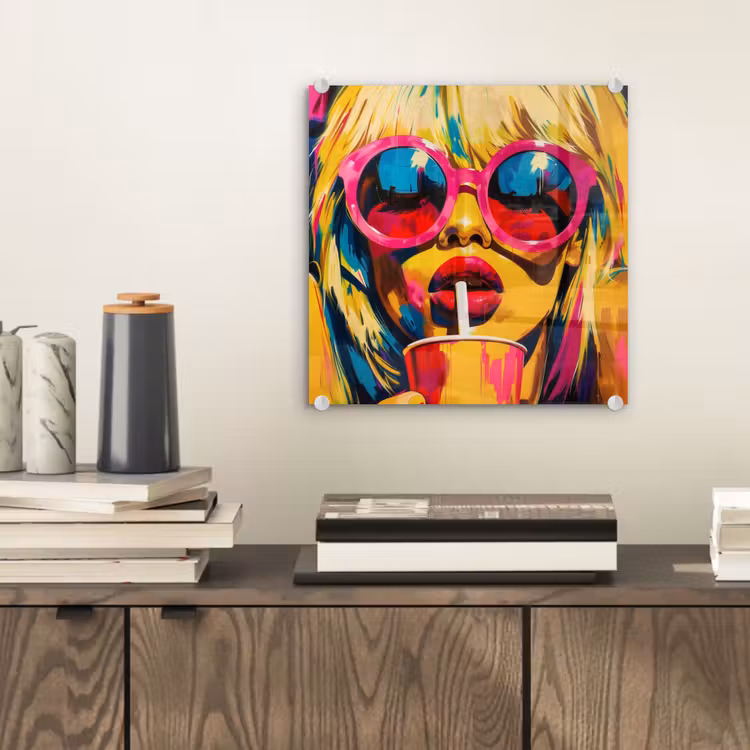 Glas schilderij - Zonnebril - Roze - Vrouw - Rietje — 2