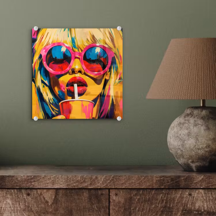 Glas schilderij - Zonnebril - Roze - Vrouw - Rietje — 4