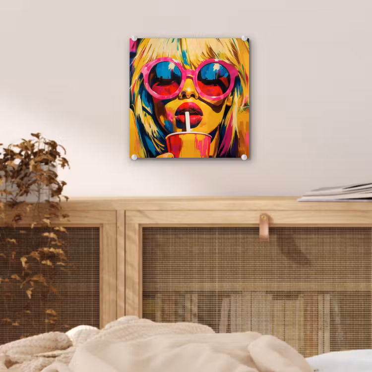 Glas schilderij - Zonnebril - Roze - Vrouw - Rietje — 5