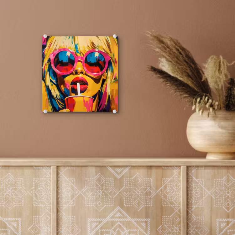 Glas schilderij - Zonnebril - Roze - Vrouw - Rietje — 6