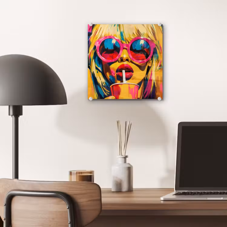 Glas schilderij - Zonnebril - Roze - Vrouw - Rietje — 7