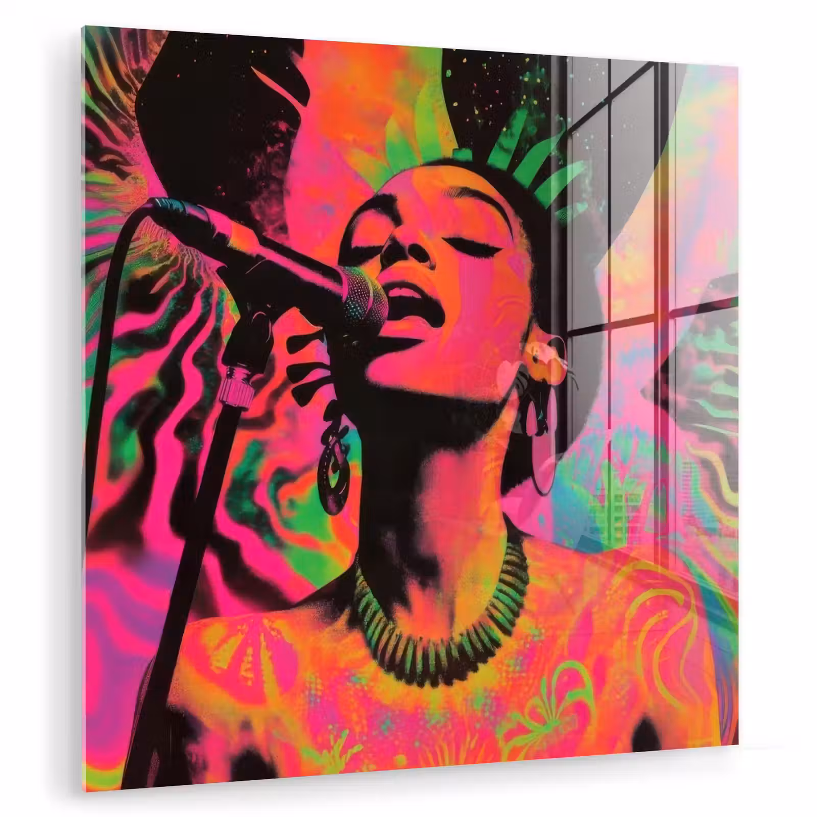 Glas schilderij - Vrouw - Microfoon - Neon — 1