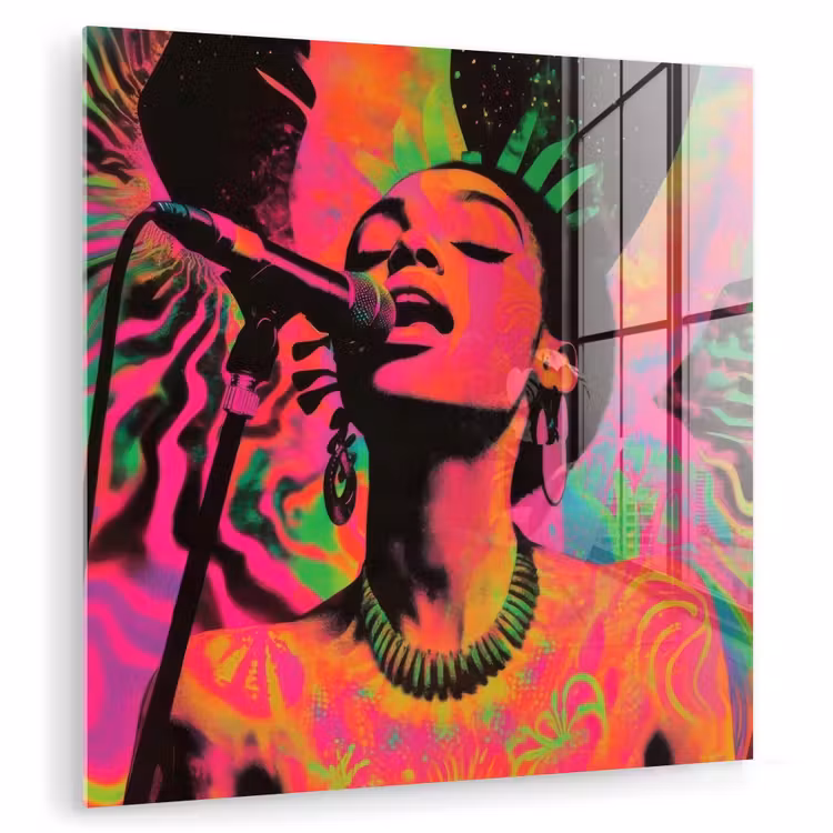 Glas schilderij - Vrouw - Microfoon - Neon — 1