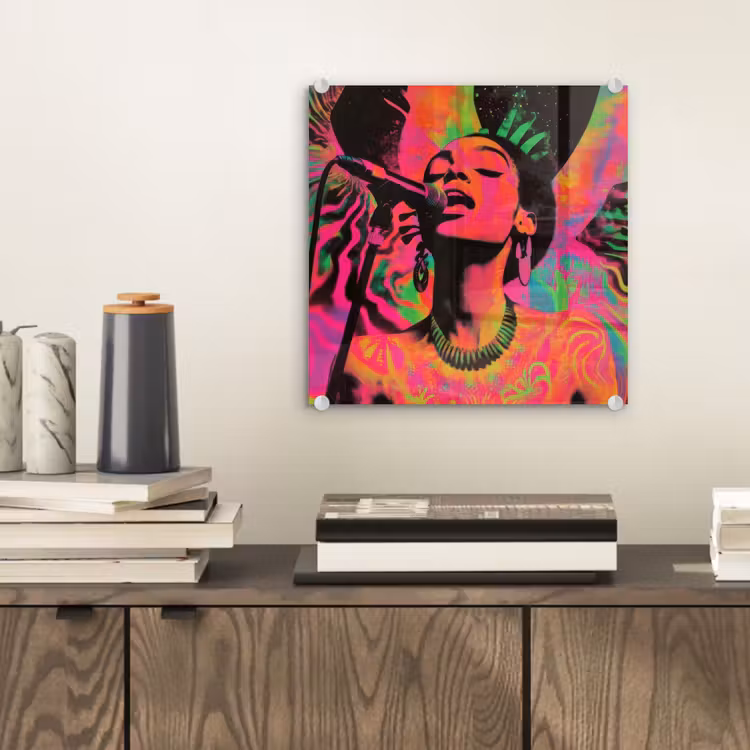 Glas schilderij - Vrouw - Microfoon - Neon — 2