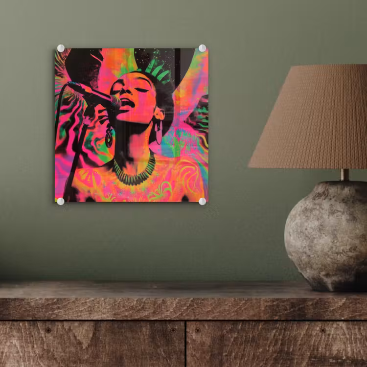 Glas schilderij - Vrouw - Microfoon - Neon — 4