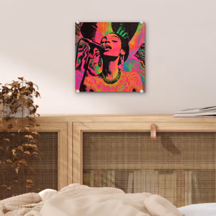 Glas schilderij - Vrouw - Microfoon - Neon — 5
