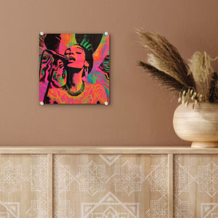 Glas schilderij - Vrouw - Microfoon - Neon — 6
