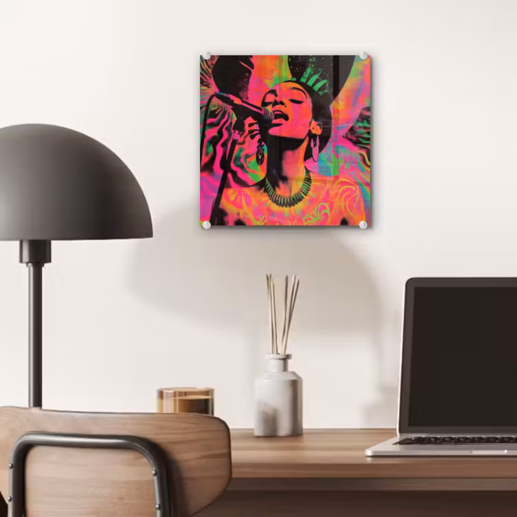 Glas schilderij - Vrouw - Microfoon - Neon — 7